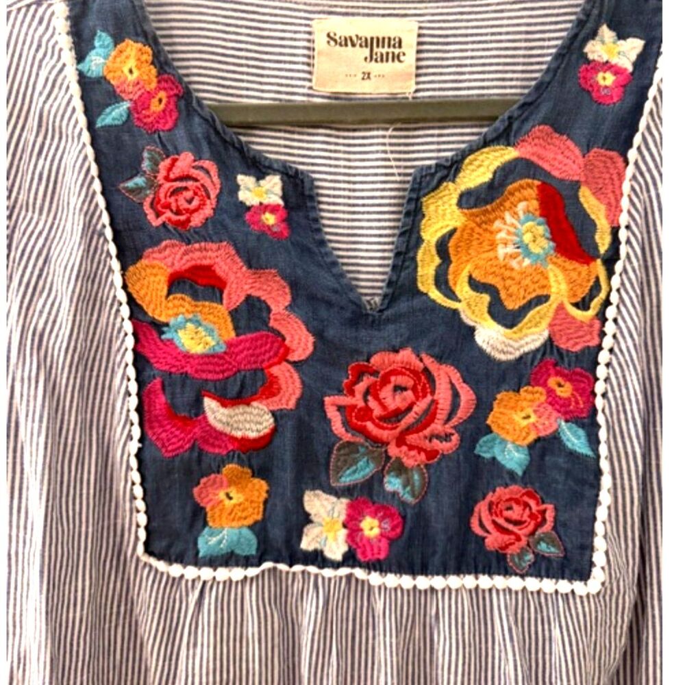 Savanna Jane Embroidered Boho Blouse Women’s 2X Floral Top Stripe Tunic - Picture 6 of 9